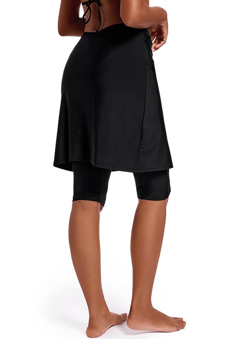Micosuza Womens Skirted Swim Capris Sun Protective UPF 50+ Swimming Tight with Attached Skirt Sport Leggings Black - Image 3